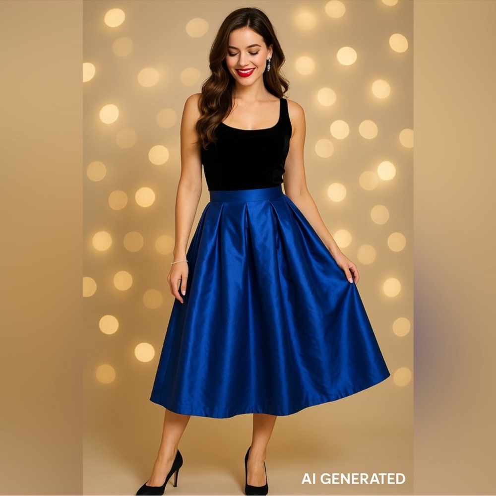 Lord & Taylor 424 Fifth Blue Pleated A-Line Midi Skirt US 8 Y2K Satin